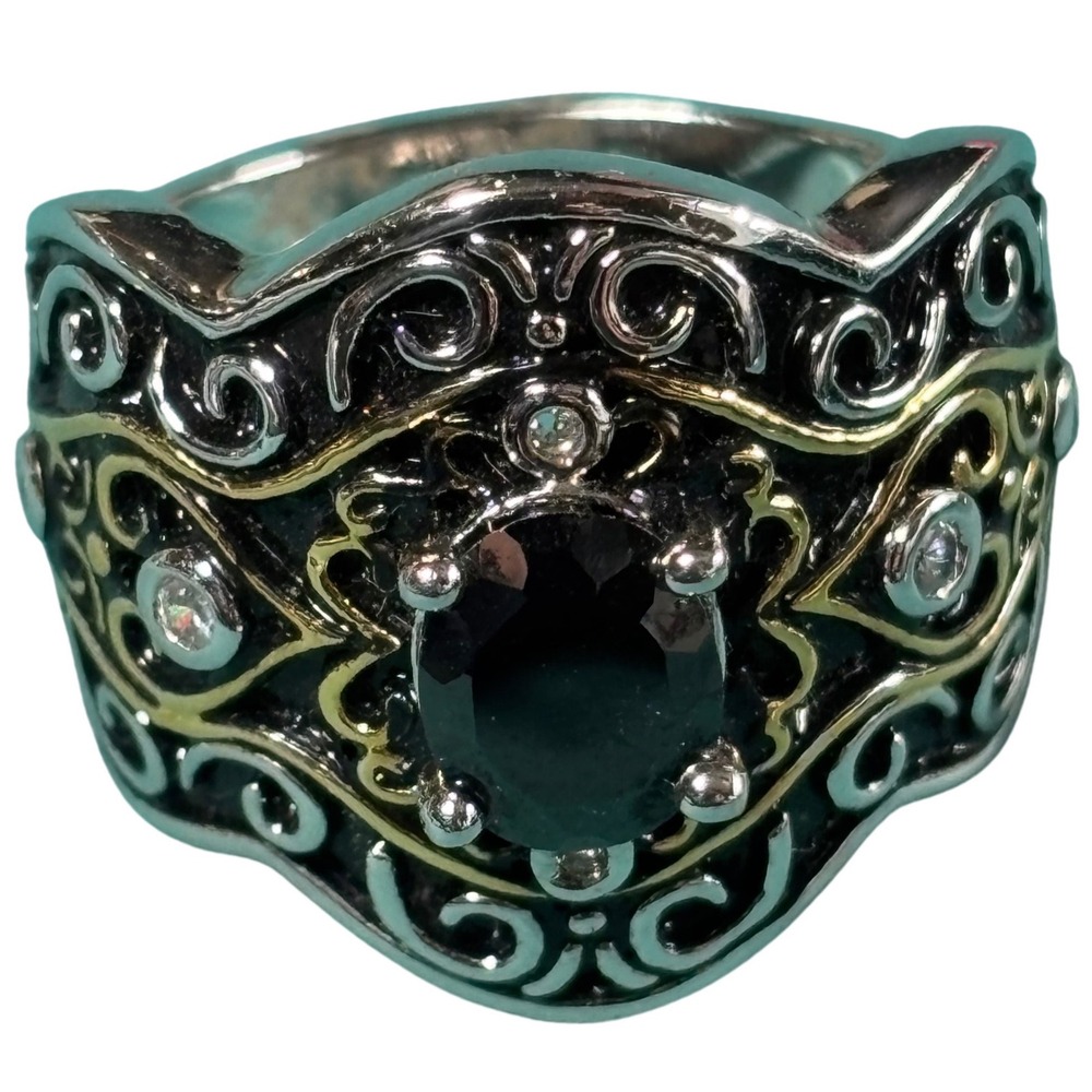 Mens Two Tone Filigree‎ Scroll Black Onyx Statement Ring Size 10.5 Gothic Biker